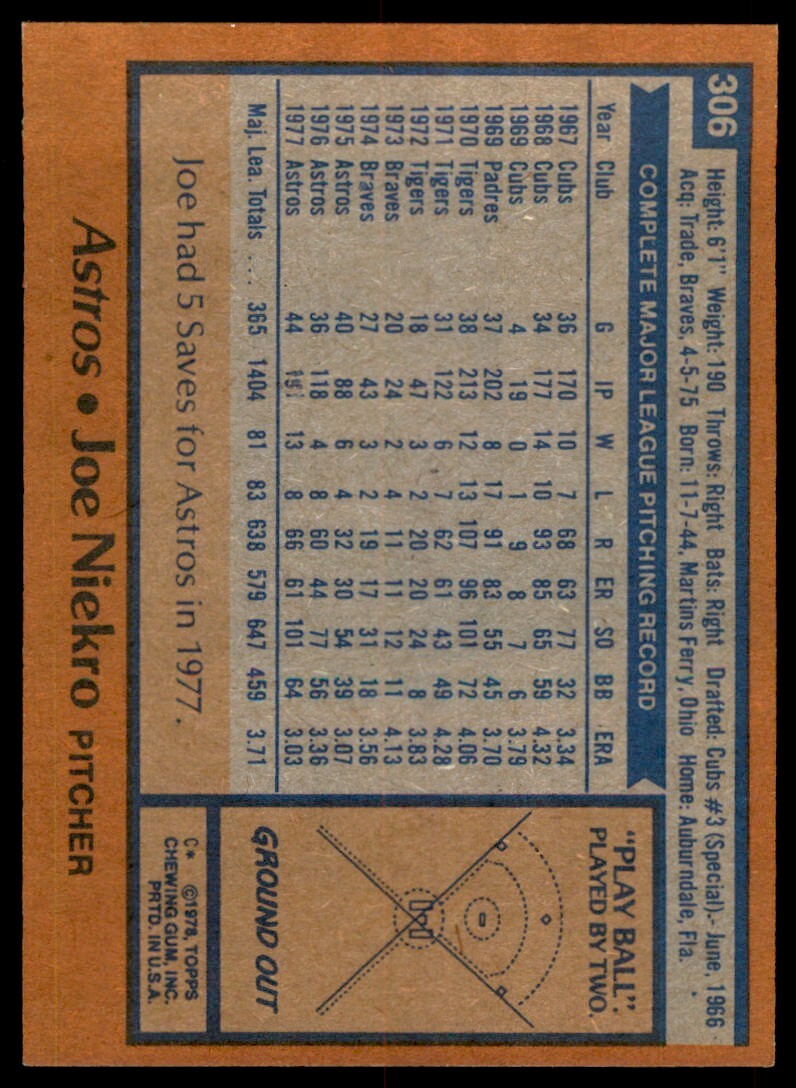 1978 TOPPS JOE NIEKRO HOUSTON ASTROS #306