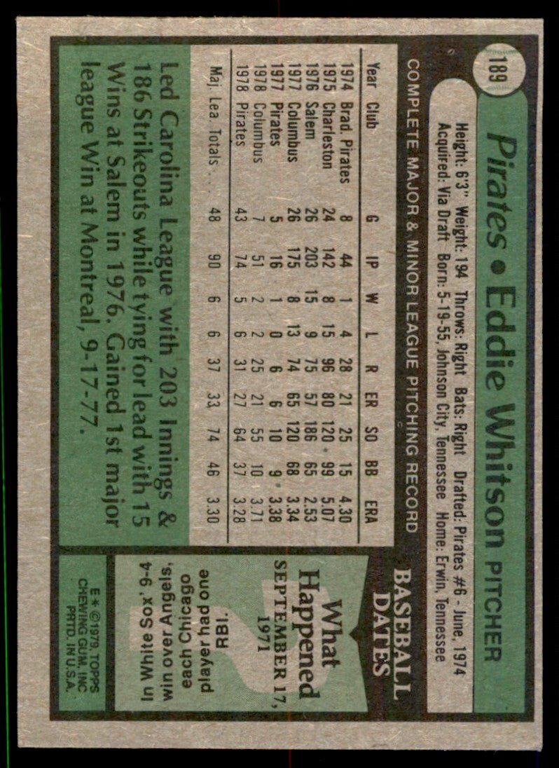 1979 TOPPS EDDIE WHITSON ROOKIE PITTSBURGH PIRATES #189