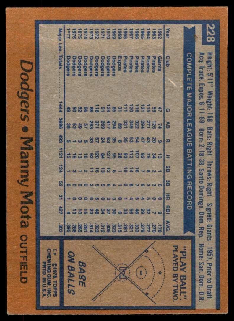 1978 TOPPS MANNY MOTA LOS ANGELES DODGERS #228