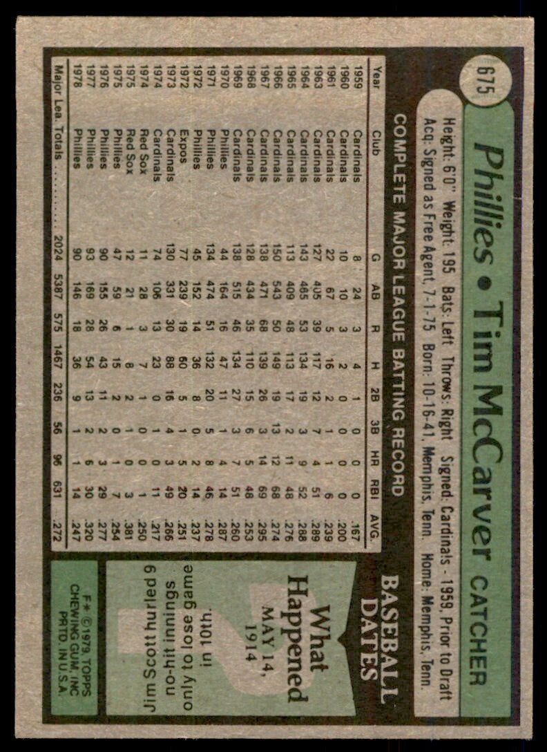 1979 TOPPS TIM MCCARVER PHILADELPHIA PHILLIES #675