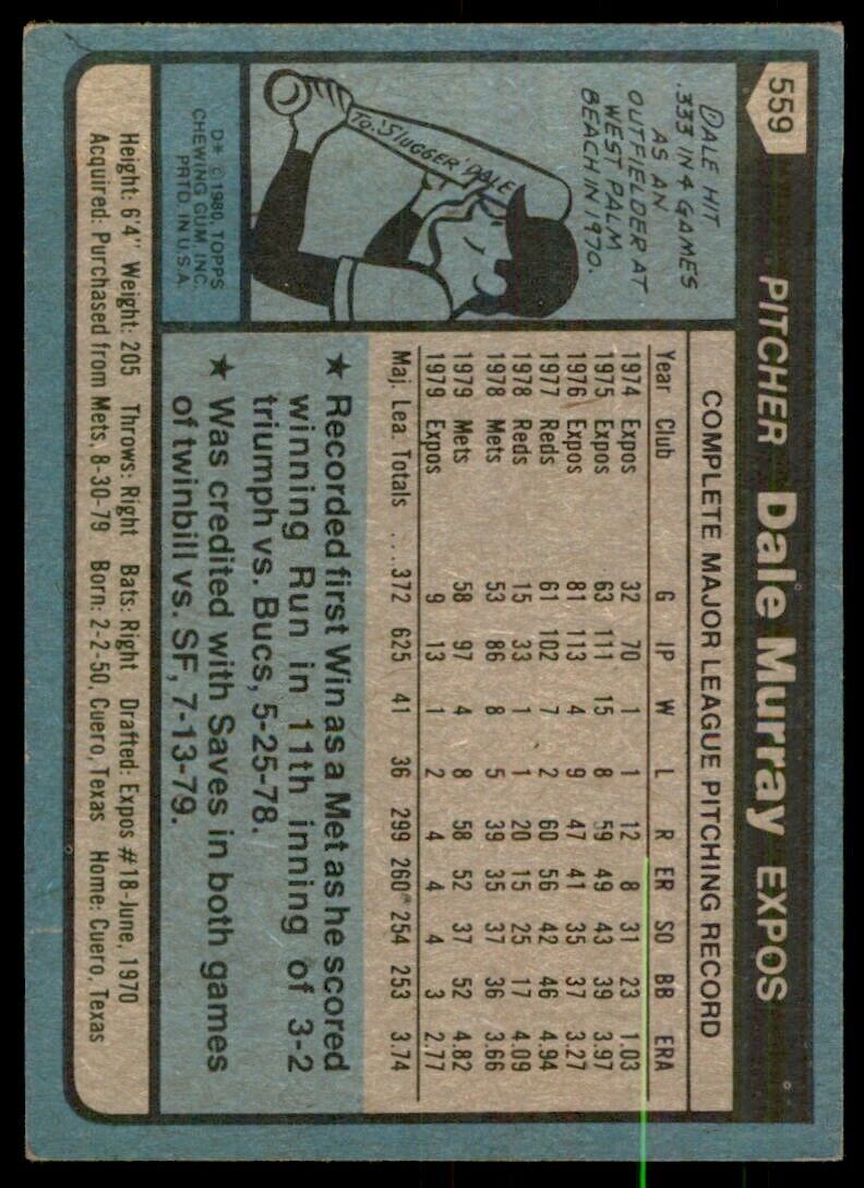 1980 TOPPS DALE MURRAY MONTREAL EXPOS #559