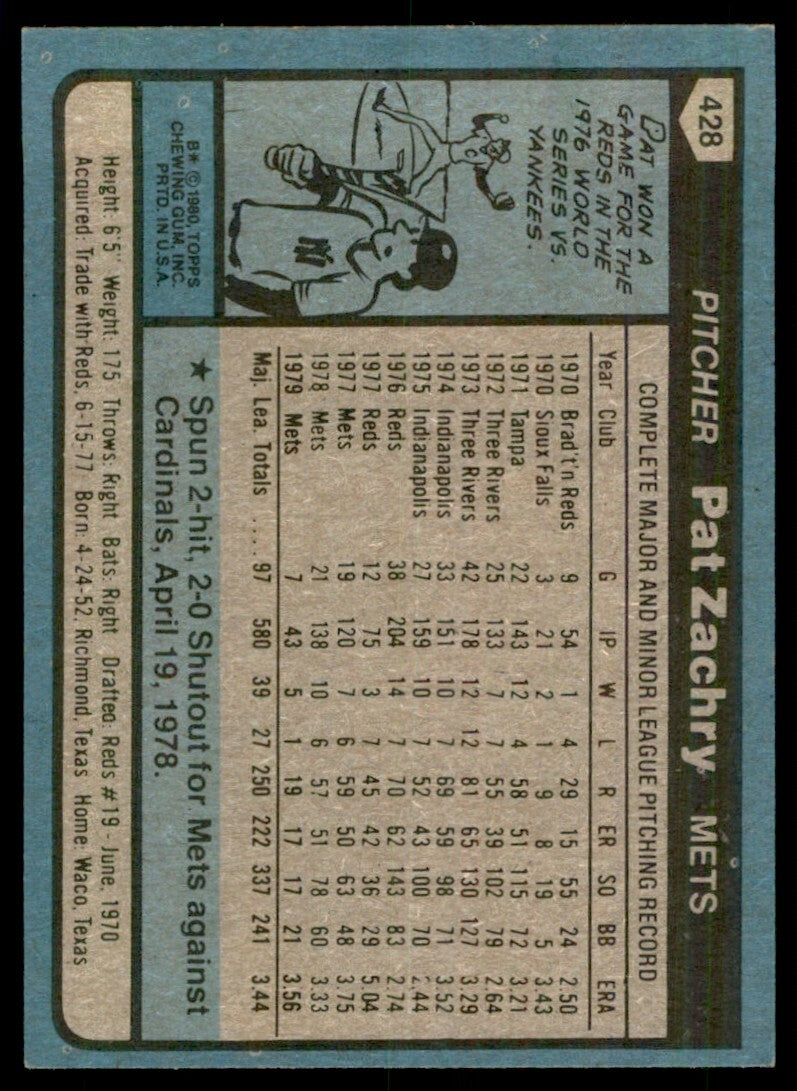 1980 TOPPS PAT ZACHRY NEW YORK METS #428