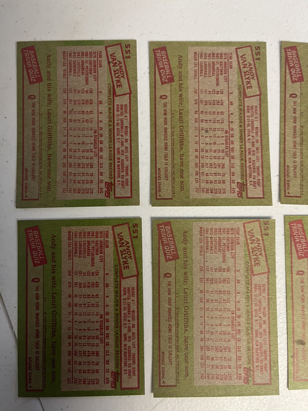 1985 Topps Andy Van Slyke 6 Card Lot NM/MT Cardinals