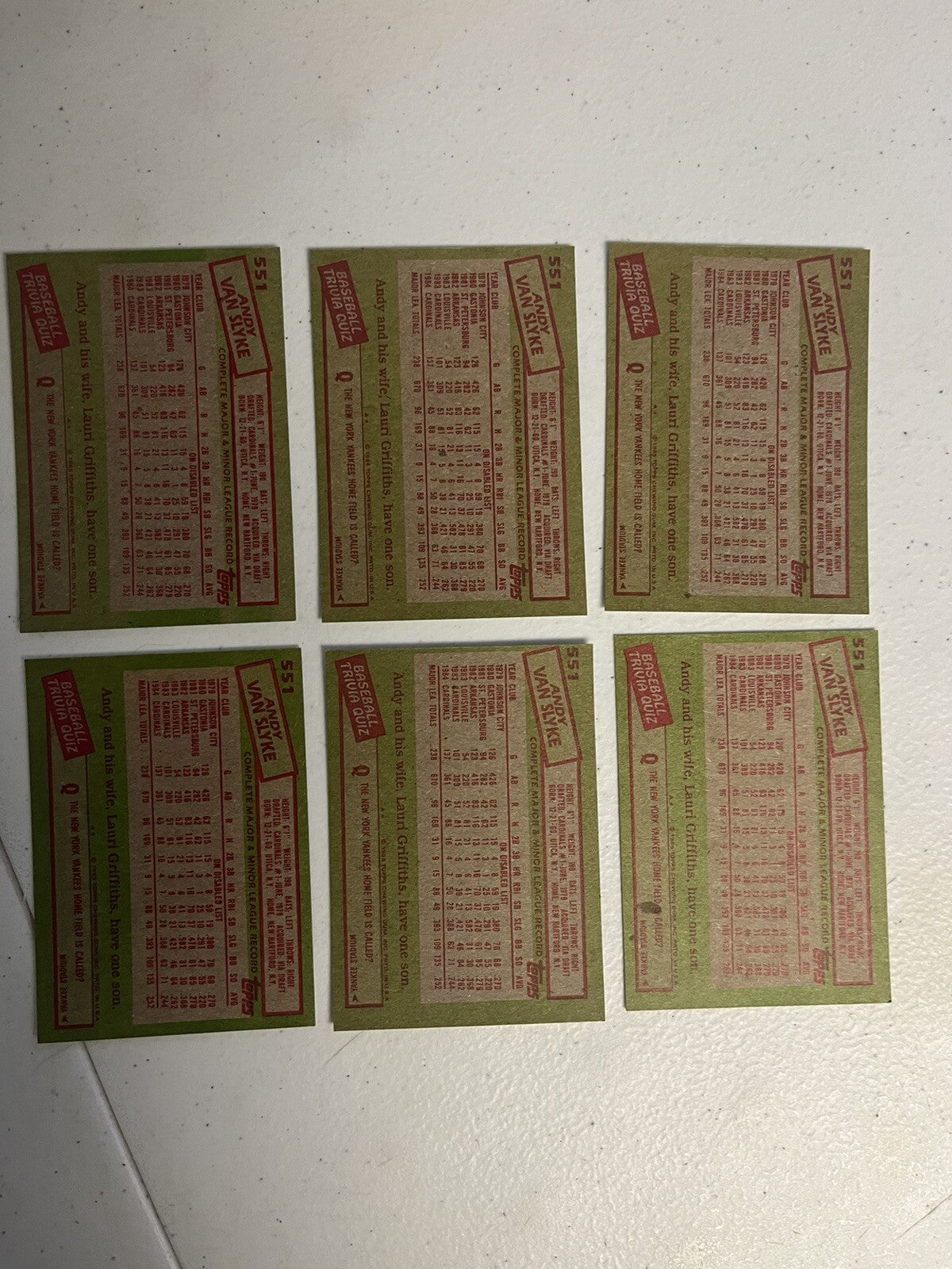 1985 Topps Andy Van Slyke 6 Card Lot NM/MT Cardinals
