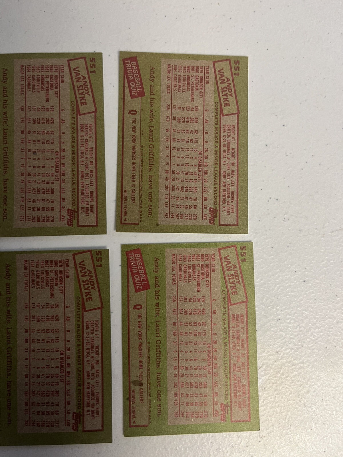 1985 Topps Andy Van Slyke 6 Card Lot NM/MT Cardinals