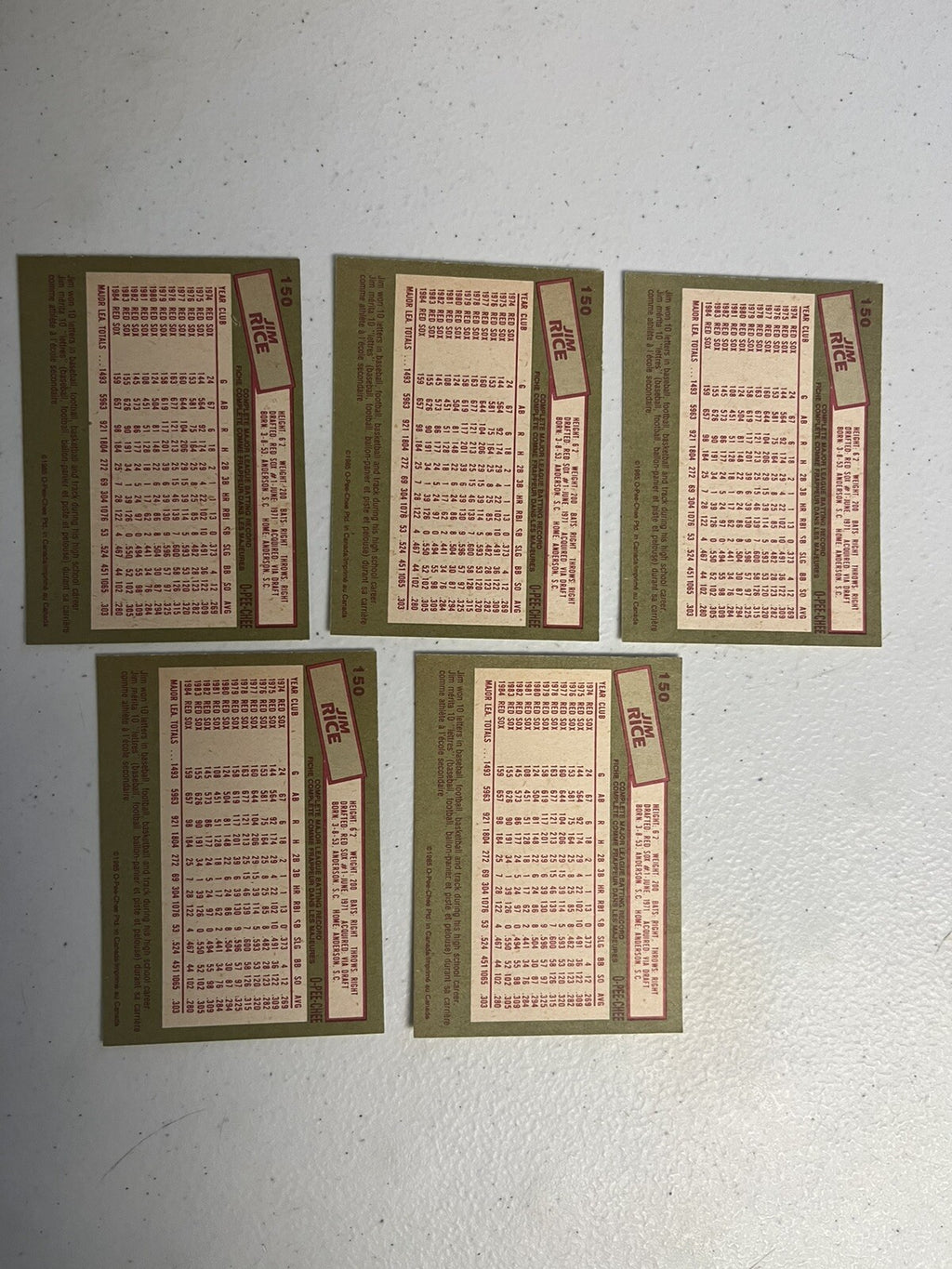 1985 OPC O-Pee-Chee Baseball Jim Rice Lot Of 5 Cards