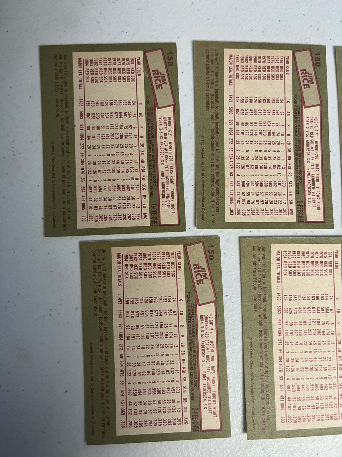 1985 OPC O-Pee-Chee Baseball Jim Rice Lot Of 5 Cards