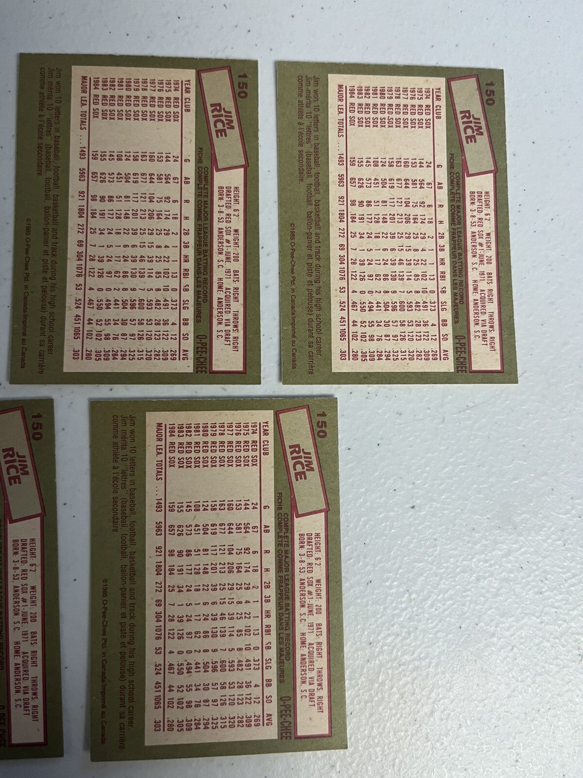 1985 OPC O-Pee-Chee Baseball Jim Rice Lot Of 5 Cards