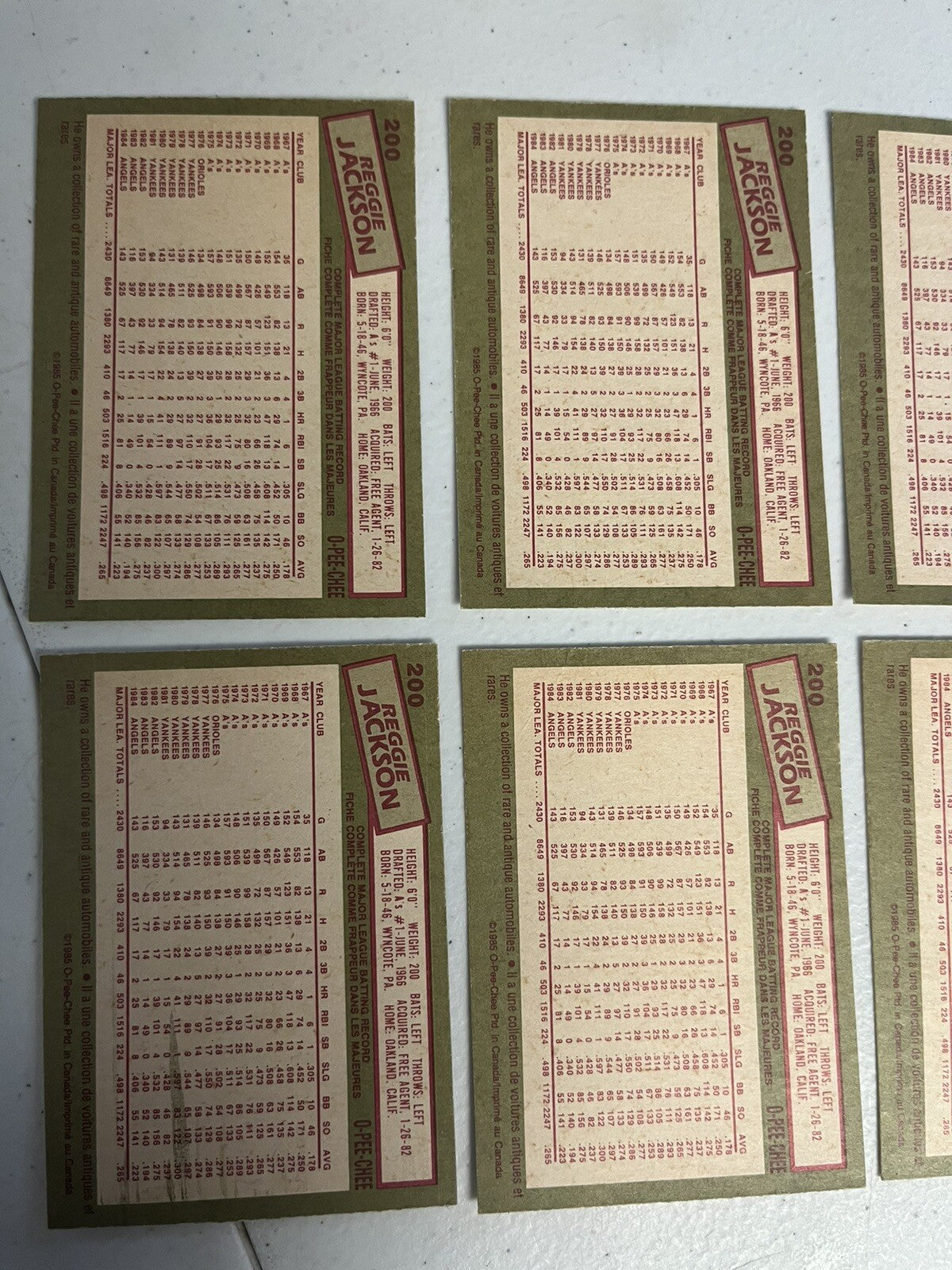 1985 OPC O-Pee-Chee Baseball Reggie Jackson Lot Of 6 Cards