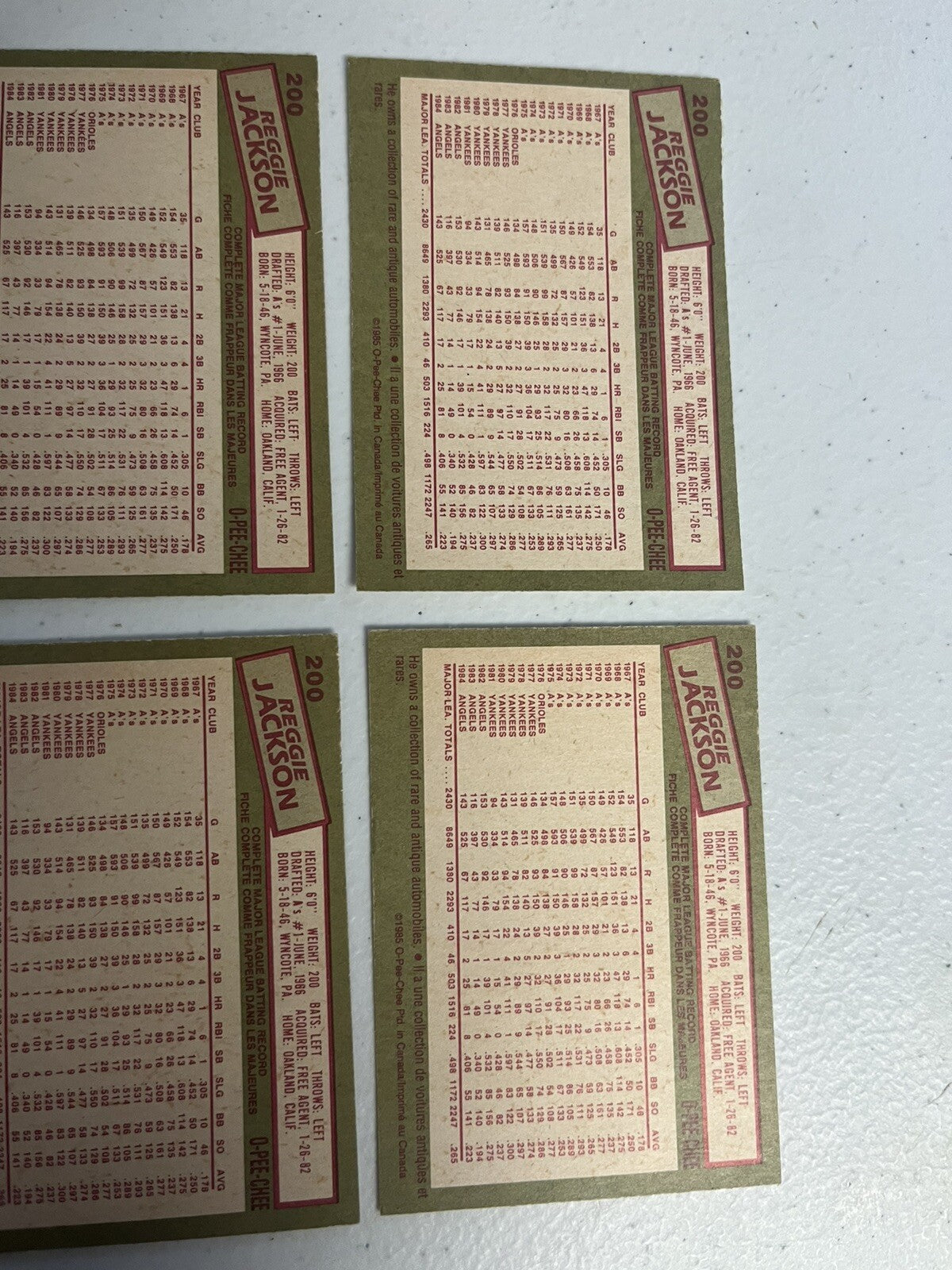 1985 OPC O-Pee-Chee Baseball Reggie Jackson Lot Of 6 Cards