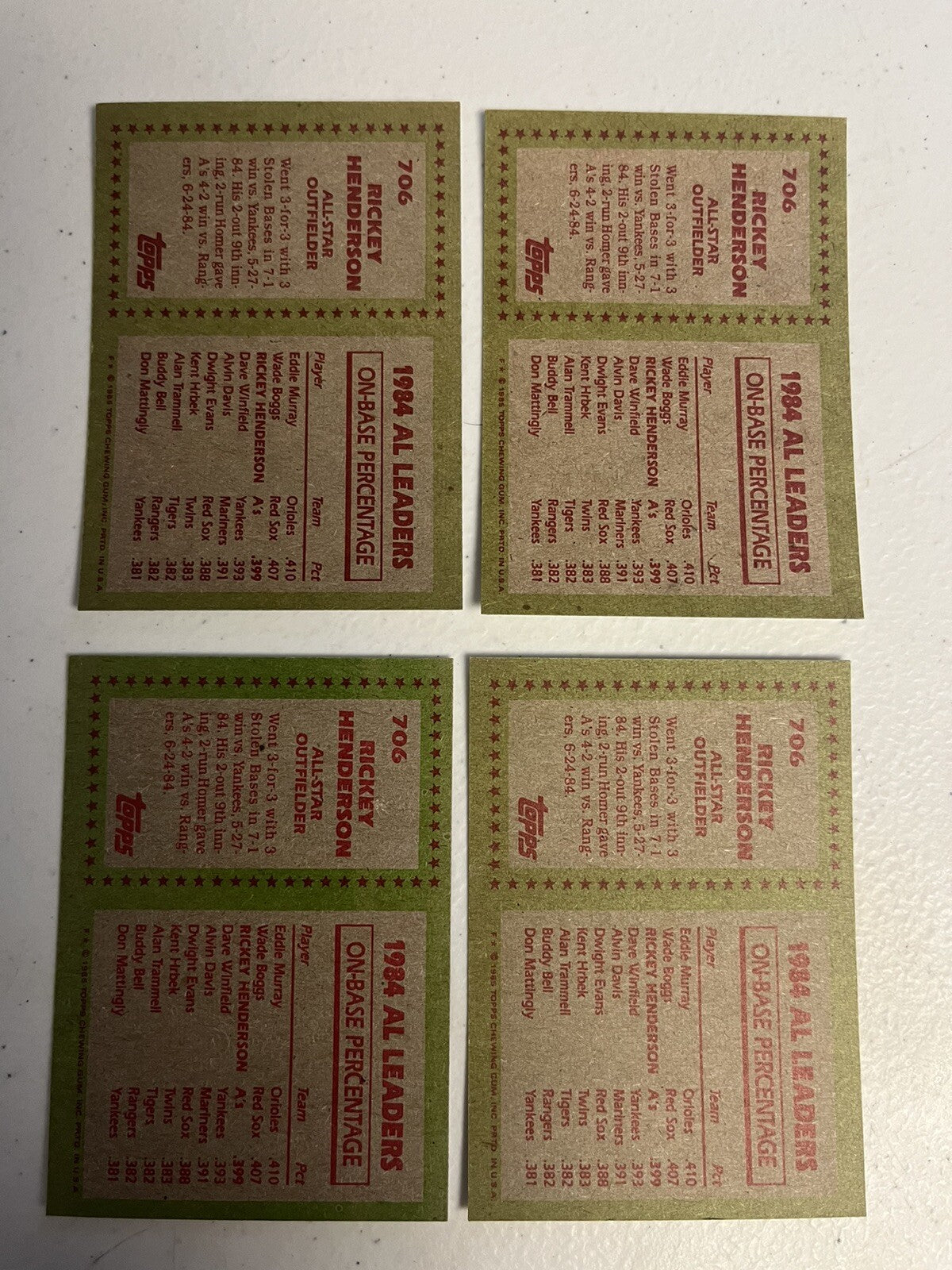 1985 Topps Rickey Henderson All Star 4 Card Lot NM/MT