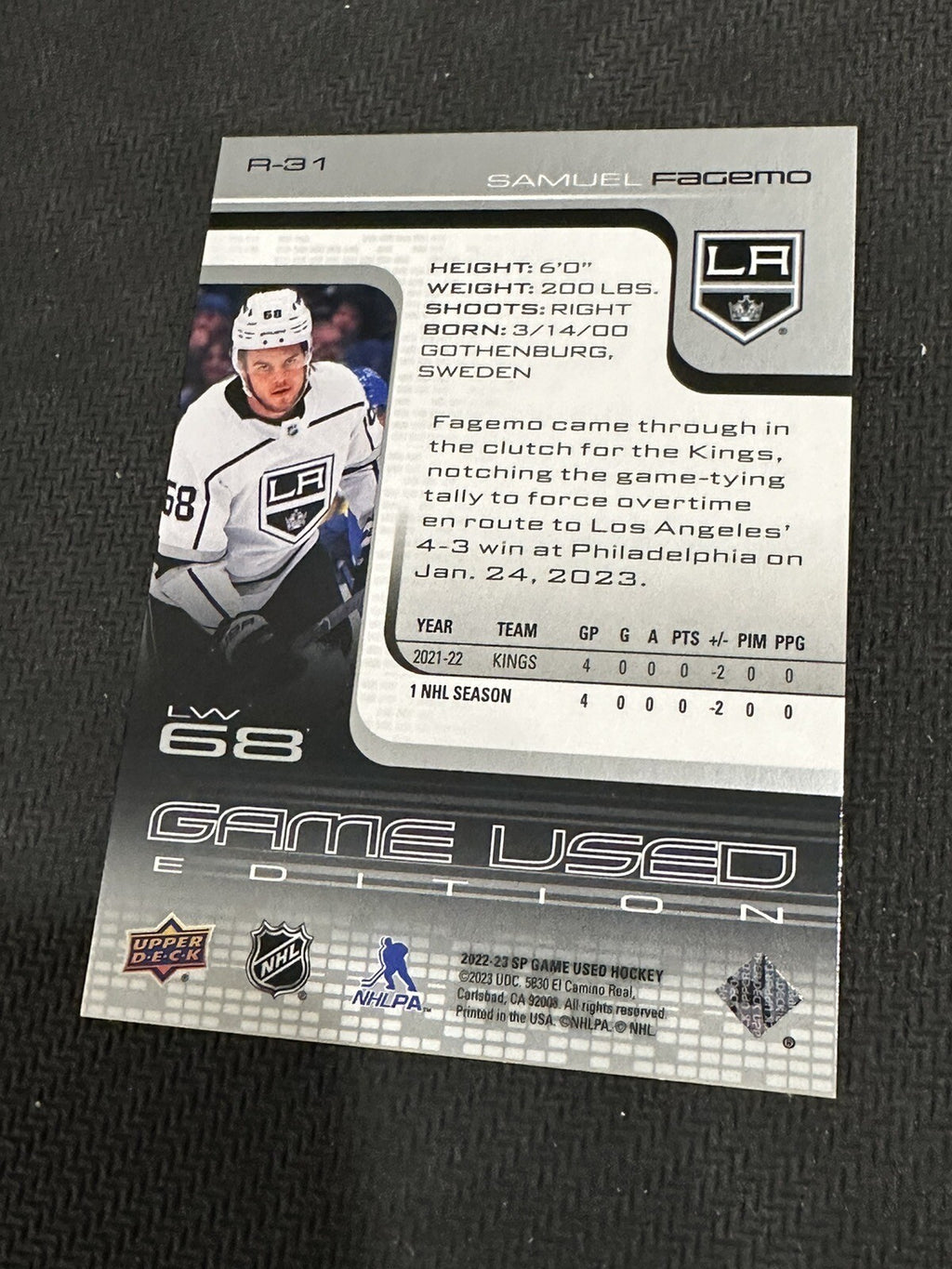 Samuel Fagemo Kings  22-23 Upper Deck SP Game Used /999 R-31`