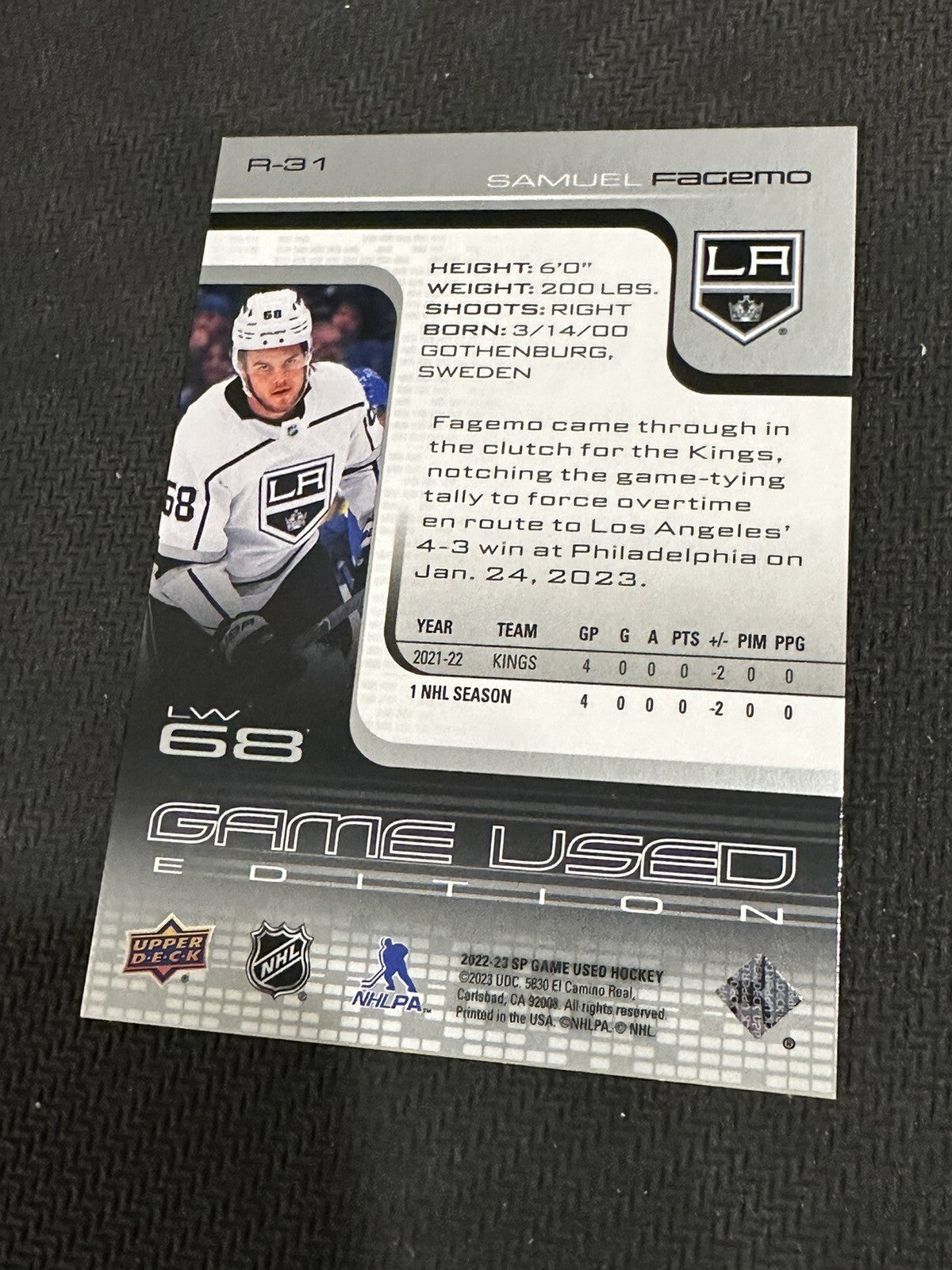 Samuel Fagemo Kings  22-23 Upper Deck SP Game Used /999 R-31`