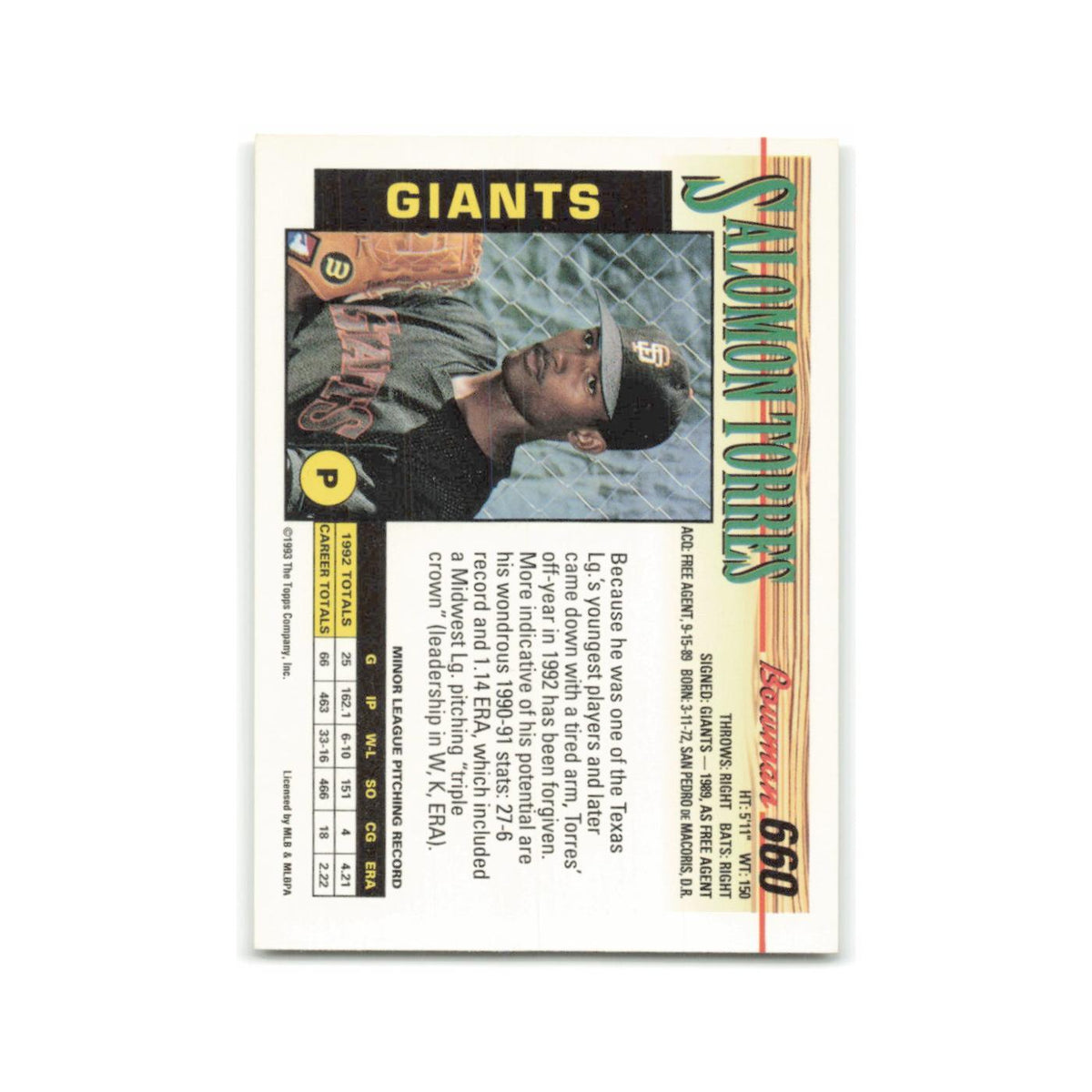 Salomon Torres 1993 Bowman #660 San Francisco Giants Baseball Card NM