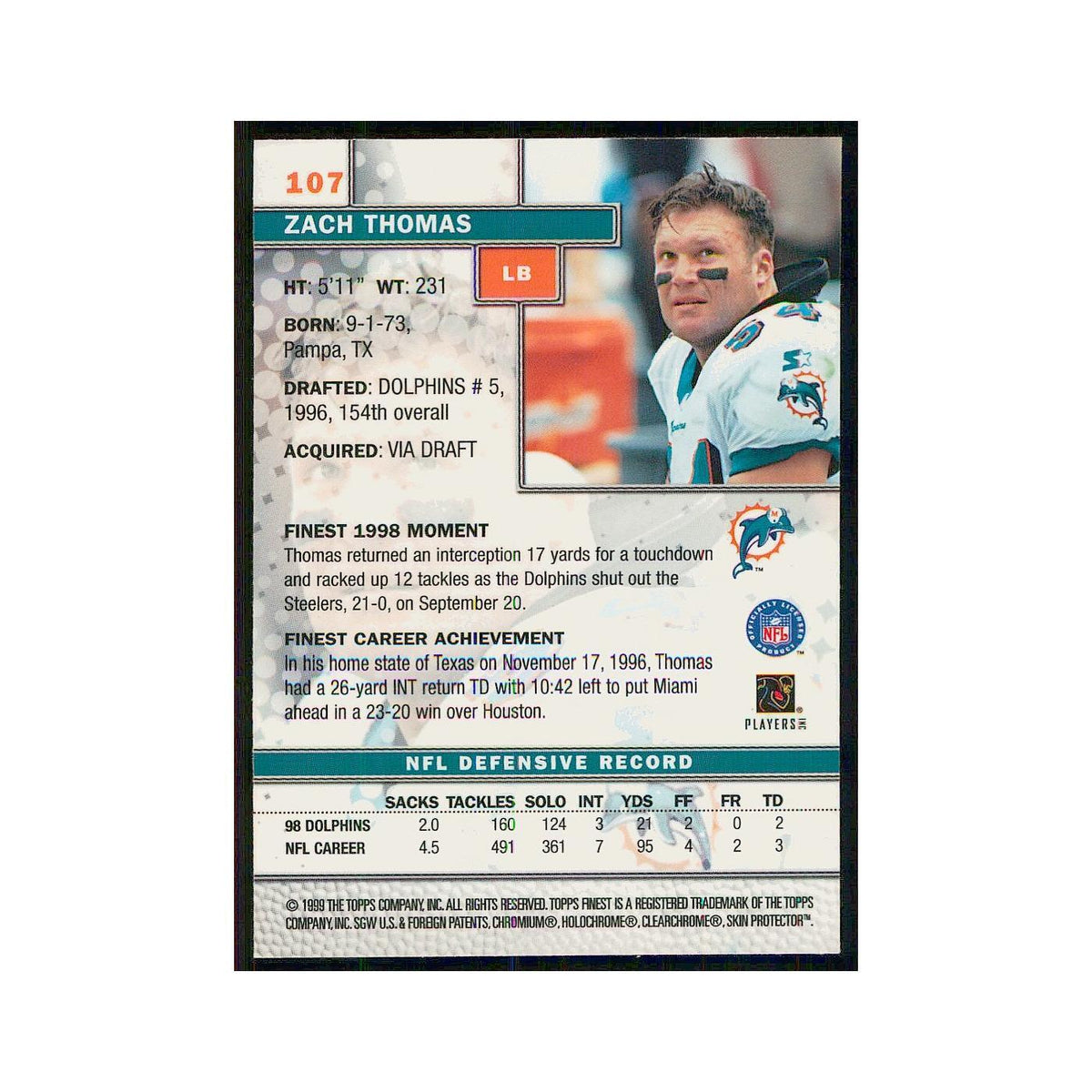 1999 Topps Finest w Coating Zach Thomas Dolphins 107